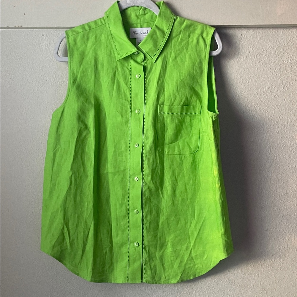 Vintage Westbound 100% linen green sleeveless button down top